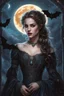 Placeholder: ultra highly detailed, cinematic, 32k, fairytale, gothic, a painting of a young vampire lady in a dress a detailed painting by Magali Villeneuve, behance contest winner, fantasy art, detailed painting, official art, unusual appearance, iridescent, delicate face , bats, romantic, big moon, moonlight, stars, , filigree details, dynamic lighting highly detailed, intricated, intricated pose, oil painting, thick strokes, masterpiece, high quality