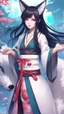 Placeholder: A close hot picture of Ahri with black hair and Japanese Clothes and nine White fox tail with neon glowing in fantasy world