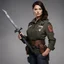 Placeholder: Stella Grace Fitzgerald: Stella, a resilient rebel, embraces her strength and determination. Her brunette hair frames a face that exudes defiance. In her unique attire, military meets peasant, showcasing her adaptability. With a small axe, she wields practicality and symbolism, carving her own path. A futuristic heavy pistol symbolizes her mastery of technology. Stella's presence commands attentio