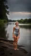 Placeholder: athletic woman, full body shot, short grey triathlon swimsuit, short wavy bob haircut, photographed at the river