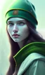 Placeholder: girl, cute, beautiful, long hair, wavy hair, green hair, blue eyes, green beanie, green coat, black tee shirt, head and shoulders portrait, 8k resolution concept art portrait by Greg Rutkowski, Artgerm, WLOP, Alphonse Mucha dynamic lighting hyperdetailed intricately detailed