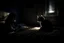 Placeholder: Woman sleeping in a dark room with a black cat. Moonlight filters through the window. Calming atmosphere.