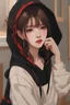 Placeholder: (1girl), looking at the viewer, (masterpiece), ((sfw)), beautiful kpop idol, ((wearing black sweater with hood up)), (shiny black pants), (brown hair), (red lips), real human skin, detailed beautiful face, detailed skin texture, symmetrical eyes, looking at the viewer, dark makeup, sharp focus, absurdres, (indoor), highly detailed, intricate. shade, backlighting, depth of field, natural lighting, (ultra high quality:1.3)