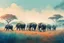 Placeholder: a herd of elephants walking across a grass covered field, beautiful cinematic poster, zoo, screenshot from the game, running in savannah, africa, fantastic anthropology, watercolor, tint leak, hazy, colors of blue, indigo, teal and orange