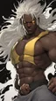 Placeholder: A close picture to a man with dark skin and fighting with his hands have white Pretty hair and yellow glowing eyes and strong muscles