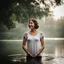 Placeholder: photography of a beautiful and happy woman, standing in lake water, eyes closed, meditation, white top, yoga flyer, brunette short wavy bob haircut, serenity, misty, relaxing image, white misty colors, foggy sunlight