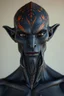 Placeholder: Attractive humanoid alien male with dark grey skin. His head is bald with scales and orange markings. He has horns that grow out of his chin like a beard