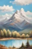 Placeholder: adults oil painting of a mountain landscape with a clear blue sky and fluffy white clouds, style=oil painting, no outline , splashes of colors