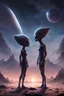 Placeholder: Alien couple in another universe looks in the distant sky cute cawai