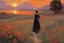 Placeholder: beautiful sunset, one woman looking a flowers, mountains, pathway, gothic disturbing influence, witchcraft influence, rodolphe wytsman, jenny montigny, and friedrich eckenfelder impressionism paintings