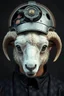 Placeholder: a portrait of a broken head mechanic, man is eating a hybrid mixed body part sheep, giant eyes sheep alien style H.R giger look