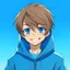 Placeholder: Brown hair anime boy with blue hoodie smiling face view blue backround