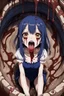 Placeholder: Anime girl with big eyes, darkblue and sepia tones, fullbody, slime, the perspective looking up from the bottom of an empty well, rolling eyes, tongue out, blood drip, open mouth,