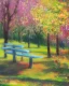 Placeholder: park fantastic dream, park bench, trees, birds, sunshine, mystical, pastel colors, acrylic painting, detailed, soft focus,