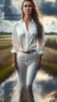 Placeholder: full body shot of a pretty woman, dressed in white shirt, full body portrait, nice perfect face with perfect face, hyper realistic concept, 8k resolution, photography quality, posing for a photo, photo realistic, standing in country side with a small river,nice cloudy sky