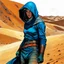 Placeholder: create a fine art print full body illustration of a rugged gritty, roughly textured, hooded, blue eyed, Fremen female warrior with highly detailed feminine facial features, amidst the swirling desert sands of Arrakis, in the comic book art style of Bill Sienkiewicz, and Jean Giraud Moebius, finely textured, drawn, colored, and inked,