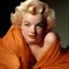 Placeholder: A photograph of cute disheveled marilyn monroe, sad, eyes closed, no make up, in the style of milton greene, pale orange silk scarf around her shoulders, soft bacground