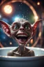 Placeholder: portrait through dirty warped lens of ultimate transcendent happy chat gremlin vampire alien frown with spotlights and huge dripping tounge sticking head out of a bathtub portal, in front of space portal dimensional glittering device, bokeh like f/0.8, tilt-shift lens 8k, high detail, smooth render, down-light, unreal engine, prize winning