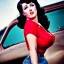 Placeholder: pinup girl, in shape, square shirt, black hair, beautiful, cute, red lips, close to a fuel pump. realistic, photo shoot. high definition