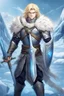 Placeholder: 1 anime man. warrior, with blue eyes and blonde hair man in silver Viking armor with fur around the neck with blue crystal on his chest, standing in water in the artic, holding a ice sword and shield, warrior in, anime style