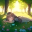 Placeholder: tiny anime girl sleeping in the distance, laying down in a field of flowers, underneath a willow tree, with a butterfly on her nose