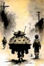 Placeholder: The nightmare small child having a bag pack walks in the streets, at war time , a tank in the street with some soldiers illustration by Stephen Gammell