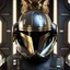 Placeholder: star wars bald male corellian pilot wearing pearlescent black and gunmetal grey First Order special forces heavy assault armor and helmet with gold trim inside the jedi temple, centered portrait, hyperdetailed, dynamic lighting, hyperdetailed background, 8k resolution, volumetric lighting, light skin, fully symmetric details