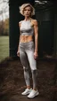 Placeholder: photography of a beautiful anorexic woman, silver satin top, sports illustrated, blond short wavy bob haircut, pronounced sternum, short leggins