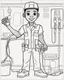 Placeholder: coloring page, depicting a black boy as a Electrician, full body, outline, black and white, highly defined, well defined, white background, empty background, cartoon style, coloring book style