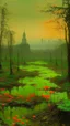 Placeholder: A green swamp with fiery orange lilies near a city painted by John Atkinson Grimshaw