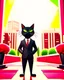 Placeholder: Medium shot illustration of a hitman cat wearing a suit and sunglasses. He is standing in a room with a red carpet and a flower pot. The background is blurred and contains a cityscape. Ultra quality