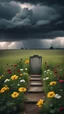 Placeholder: a lonely grave strewn with flowers in the middle of a field against the backdrop of gloomy thunderclouds