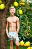 Placeholder: full body image of a beautiful 12 year old boy with long, blonde curly hair and light blue eyes, smiling, shirtless, in front of an distant mango tree, 8k