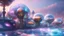 Placeholder: colorful futuristic city, transparent iridescent ufos, ethereal domes