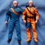 Placeholder: a large pile of face Mike Pence G.I. Joe toy Doll spaceforce uniform, orange blue fabric, pistol, wall packaging for sale, bright pricetag, finger, empty box