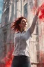 Placeholder: Photorealistic young woman standing, with arms raised, in front of a building at midday, with red auras around her