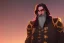 Placeholder: Other worldly boisterous long haired bearded tall middle-aged man wearing many gold rings and rugged long fur trimmed merchant's coat, dark background, dynamic lighting, full body character design