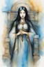 Placeholder: Lenore Nemoy, Long, straight, black hair, blue eyes - multicolored watercolor stained wall in the background, in the art style of Boris Vallejo, Frank Frazetta, Julie bell, Caravaggio, Rembrandt, Michelangelo, Picasso, Gilbert Stuart, Gerald Brom, Thomas Kinkade, Neal Adams - professional quality studio 8x10 UHD Digital photograph by Scott Kendall - paint splattered wall in the background, multicolored overhead spotlight, Photorealistic, rea