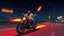 Placeholder: The kebab man driving fast on his holy motorcycle, fire from the exhaust, holy widescreen picture, holy empty road on the holy country at night, comic style, no helmet and he have a long holy black beard, neon kebab signs along the road, jesus stand at his market stand selling holy kebabs, simon stålenhag style, pixel art