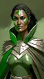 Placeholder: A tall human woman with tanned skin. Her face, marked by the years, always has a smirk on it, showing her superiority in the eyes of the others. She is dressed in grey armor and wears a half-green cape.