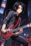 Placeholder: A 30 years old male guitarist playing electric guitar at a midnight concert, manly facial features, red creepy alien bug eyes, black hair, athletic build, correct hands, in the style of manga "Rosario+Vampire"