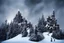 Placeholder: fantasy castle on a snow capped mountain, sharp, dark, forest, medieval