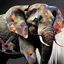 Placeholder: an elephant in black superimposed on a small limited abstract geometric sunlight on a black background, professional digital painting, large ribbons painted with vibrant watercolor paint made with short wide brushstrokes