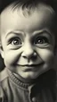 Placeholder: An old picture style of black and white mono very bad quality looks very old camera picture with cracks a baby face very ugly with h big wired eyes and devilish smile looks looking at you , year 1900