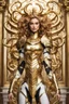 Placeholder: Excited pose style Facing front Gorgeous Photography Beautiful Queen Medusa hair snake Cyborg dressing Armor Mecha Golden and jewelry,luxury dragons symbol wall background