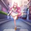 Placeholder: Clear focus,High resolution,High quality, Smiling, Pink long fluffy hair, Pink cat ears, Yellow eyes, Wearing a pink sailor uniform, running