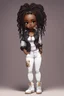 Placeholder: create a futurism art image of a curvy size chibi dark skinned Black female wearing a white jean outfit with timberland boots. Prominent make up with brown eyes. Highly detailed dread locs