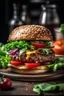 Placeholder: vegetarian burger with lettuce , tomatoes and tasty toppings served on a restaurant table