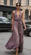 Placeholder: Fashion show walk onto the street. Women wear print lavanda brown ombre mini, midi, or maxi dresses for winter party wear, or autumn outfits that lend well to transitional layering, such as trench dresses and woven print dresses.