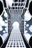 Placeholder: an idea is created of a bridge which has white clouds, in the style of futuristic digital art, grid formations, hall of mirrors, black and gray, photorealistic fantasies, multilayered dimensions, frontal perspective